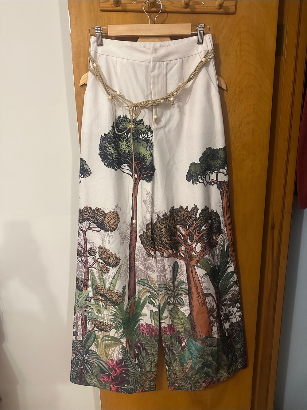 Tropical Botanical Print Wide-Leg Pants - White/Green